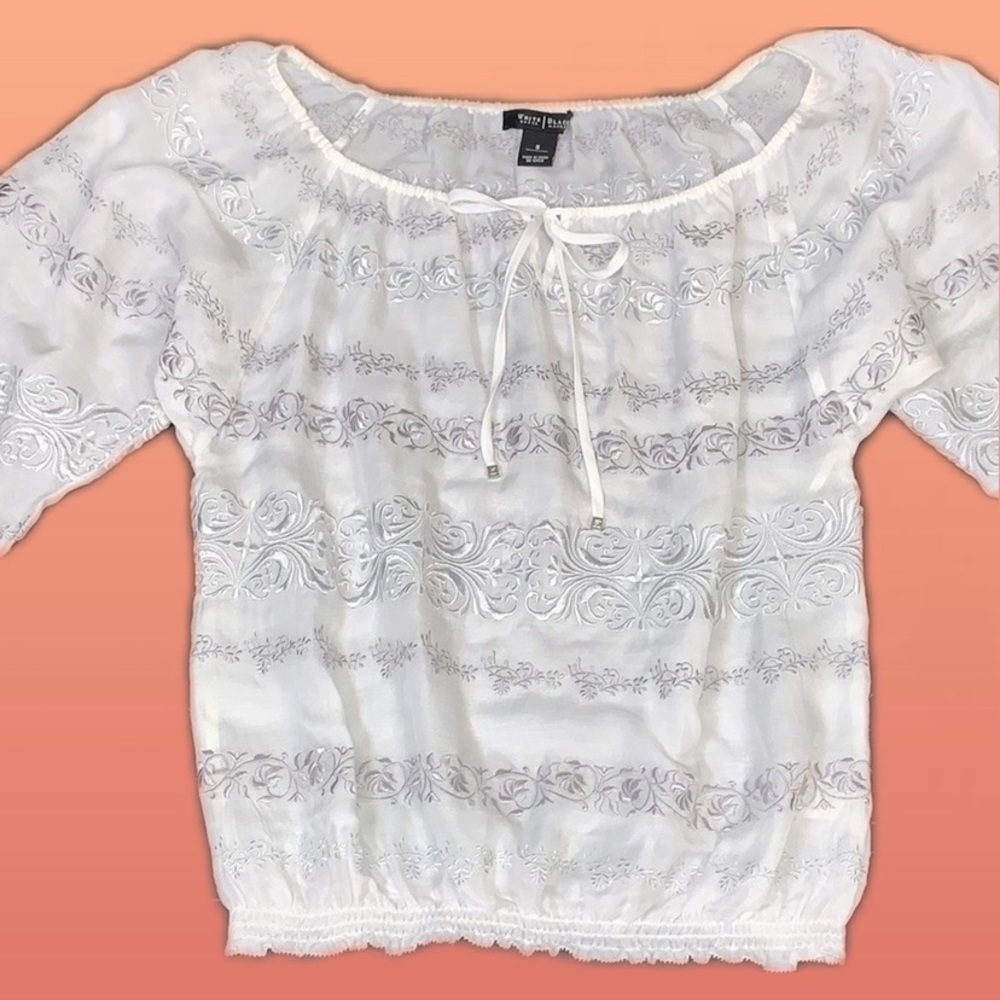 WHBM White Peasant Blouse w/ Silver Embroidery